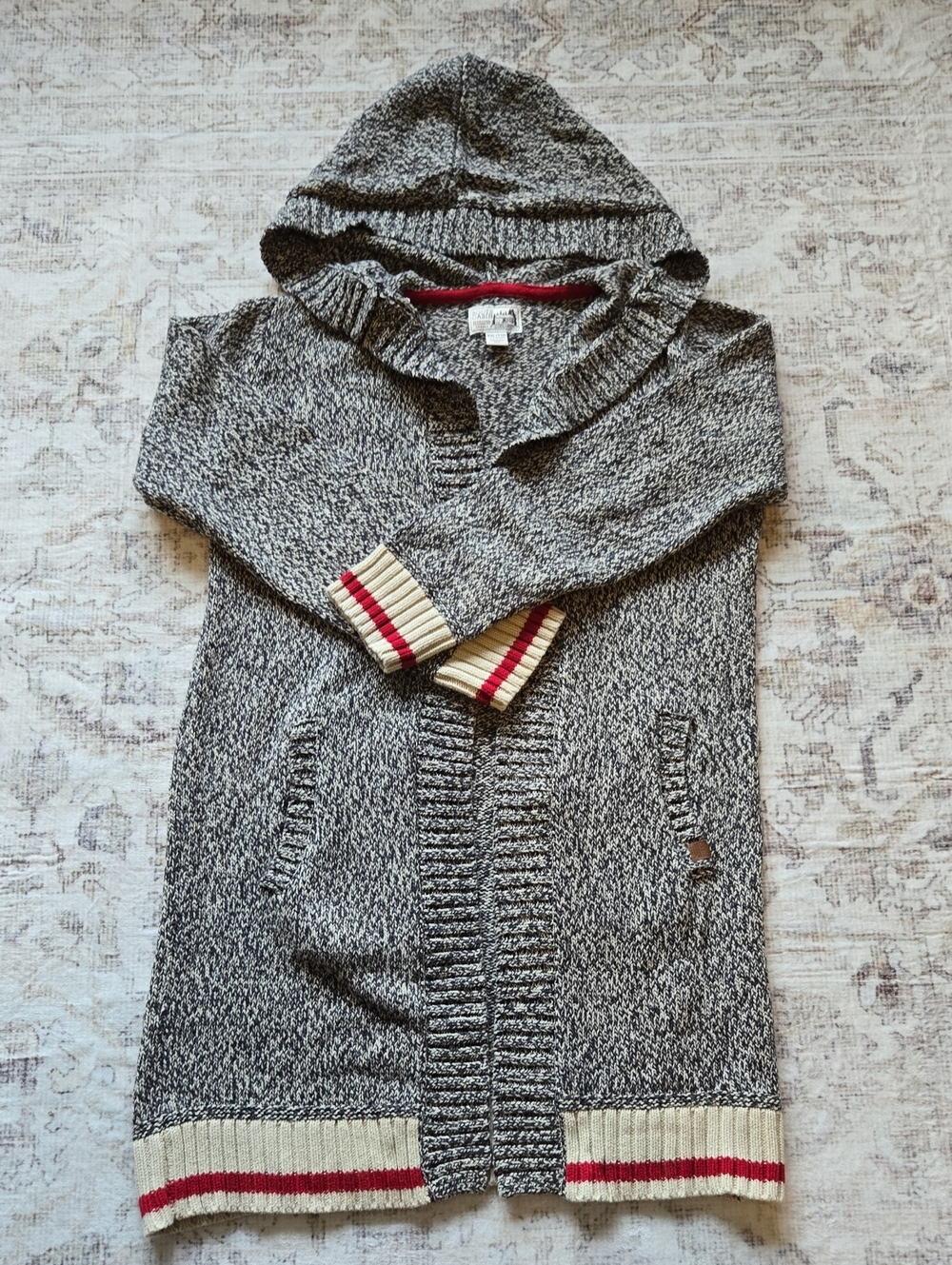 Roots Cabin Hooded Cardigan Sweater - Gray with Cream & Red Trim